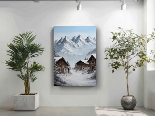 a painting of a snowy mountain village with two houses, one on each side of the mountain, surrounded by snow-covered trees. The painting is hung on a white wall, and there are two potted plants in the foreground, one on the left and one on the right.