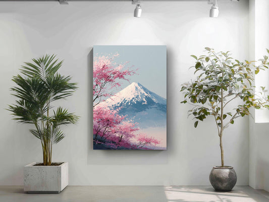 a serene indoor setting with a large potted plant on the left side and a framed painting of a mountain with pink flowers on the right side. The painting is hung on a white wall, and the potted plant is placed on a white floor.