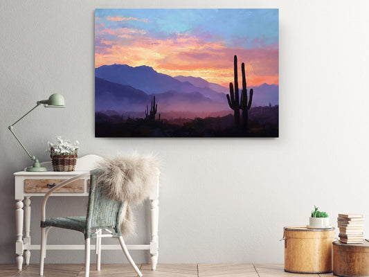 a serene desert landscape with a cactus in the foreground and mountains in the background, creating a peaceful and tranquil atmosphere.