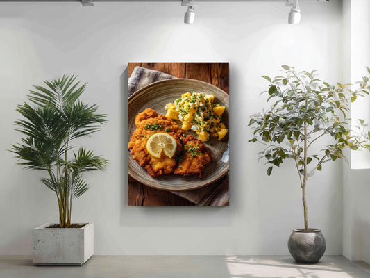 a large, appetizing plate of food, including a piece of fried chicken, potatoes, and a lemon slice, displayed on a wall.