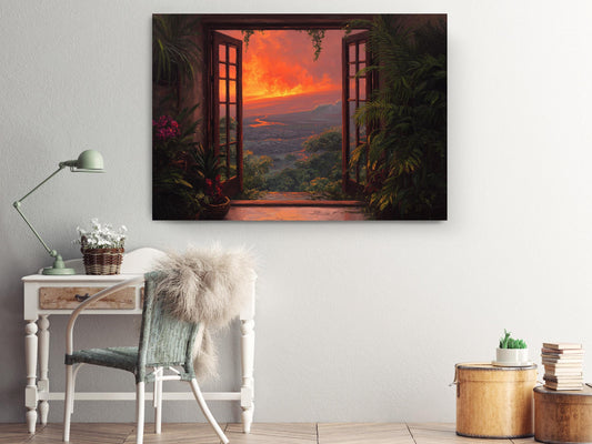 a serene indoor setting with a large window that opens up to a breathtaking view of a sunset over a lush, tropical landscape. The window frame is adorned with vibrant flowers, adding a touch of nature's beauty to the scene. In the foreground, there is a desk with a lamp, a chair, and a plant, creating a cozy and inviting atmosphere. The overall composition of the image is harmonious and visually appealing, with the natural elements complementing the indoor setting.
