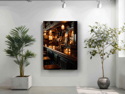 a cozy bar scene with a wooden bar counter, lit candles, and a potted plant on the left side.