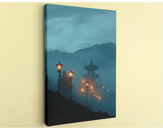 a serene night scene with a pagoda-like structure silhouetted against a misty, mountainous landscape. The pagoda is illuminated by warm, glowing lanterns, creating a sense of tranquility and mystery.