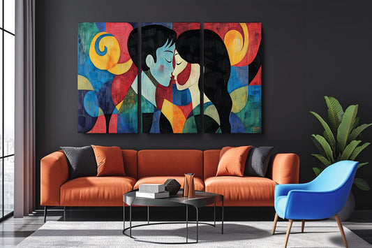 a living room with a couch and a painting on the wall