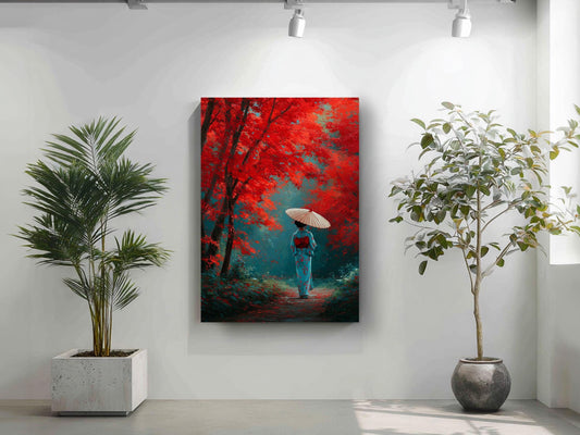 a woman walking on a path through a forest, holding an umbrella.