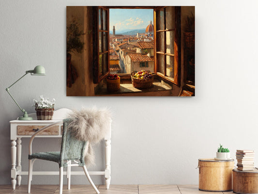 a serene indoor setting with a large window offering a view of a picturesque cityscape, including a prominent dome-shaped building. The window is adorned with a basket of fruit, adding a touch of color and life to the scene. The room features a desk with a lamp, a cozy chair, and a small table with a plant, creating a comfortable and inviting atmosphere.