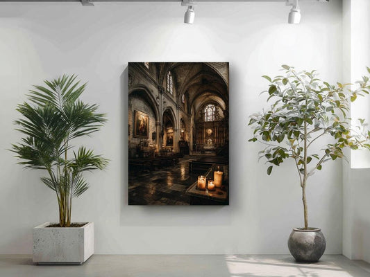 a serene and peaceful church interior, with a large painting hanging on the wall and two potted plants placed on either side of the painting.