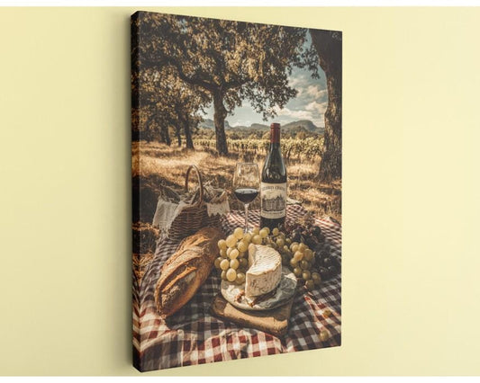 A picnic scene with a bottle of wine, a glass, bread, cheese, and grapes set on a checkered blanket, with a scenic backdrop of trees and a cloudy sky.