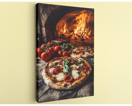 A close-up of a pizza with fresh basil and tomatoes, placed on a wooden table in front of a brick oven with flames burning inside.