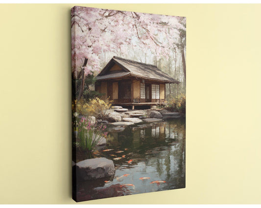 A traditional Japanese-style wooden cabin sits on a rock in a tranquil pond, surrounded by blooming cherry blossom trees and lush greenery.