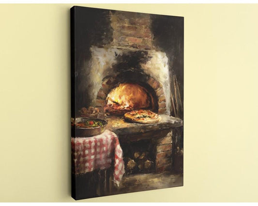 a cozy pizza parlor with a brick oven, a table with a red and white checkered tablecloth, and a pizza being baked inside the oven.