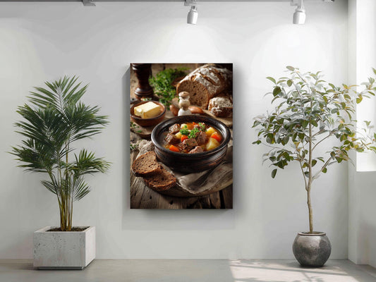 a cozy indoor setting with a bowl of stew, a loaf of bread, and a potted plant on a white wall.