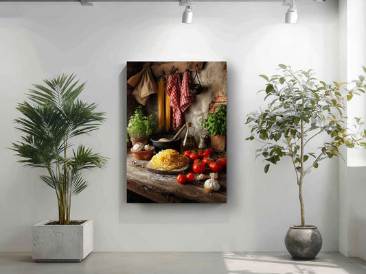 a kitchen scene with various food items, including a bowl of noodles, tomatoes, garlic, and herbs, displayed on a wooden table. The kitchen is decorated with potted plants and a painting hanging on the wall.