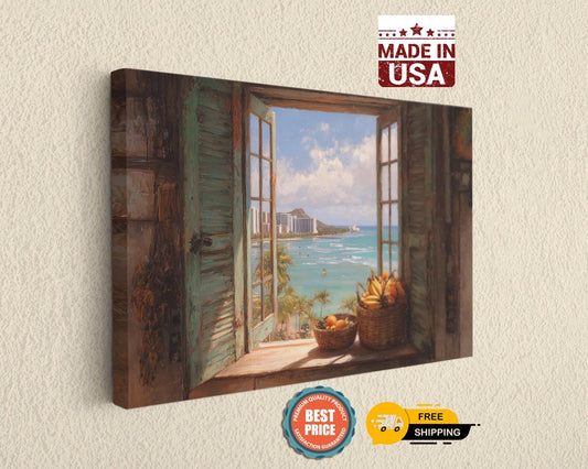The image is a painting of a window overlooking a tropical beach, with a basket of fruit on the sill.