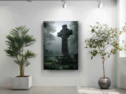 a large stone cross standing in a foggy graveyard, surrounded by lush greenery and potted plants.