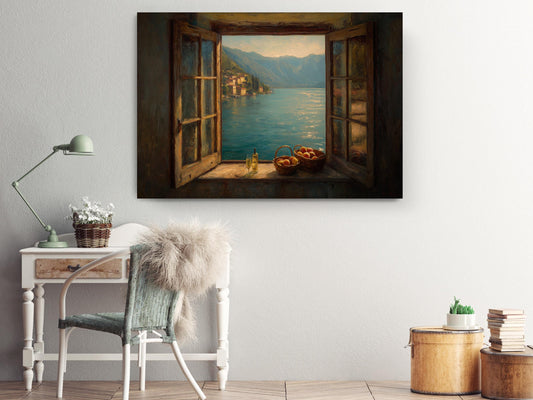 a serene indoor setting with a large painting of a scenic view of a lake and mountains hanging on the wall. The painting is framed in a rustic wooden frame and is the focal point of the room. In front of the painting, there is a desk with a lamp and a basket of flowers, creating a cozy and inviting atmosphere. The room also includes a chair, a small table, and a stack of books, adding to the overall homey feel of the space.