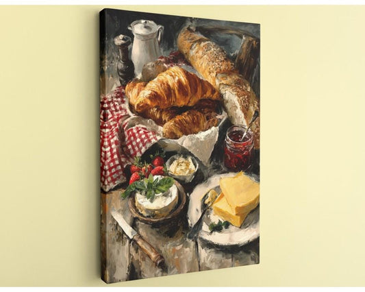 The image is a painting depicting a table with various food items, including croissants, cheese, strawberries, and jam.