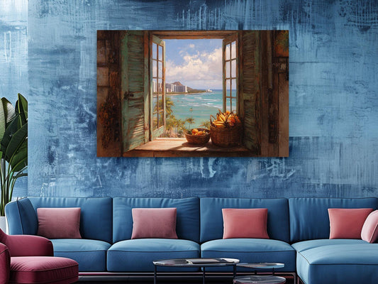 a large painting of an open window with a view of the ocean and palm trees, hanging on a blue wall above a blue couch with pink pillows.