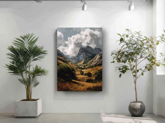 a large landscape painting hanging on a white wall, with two potted plants placed on either side of the painting.