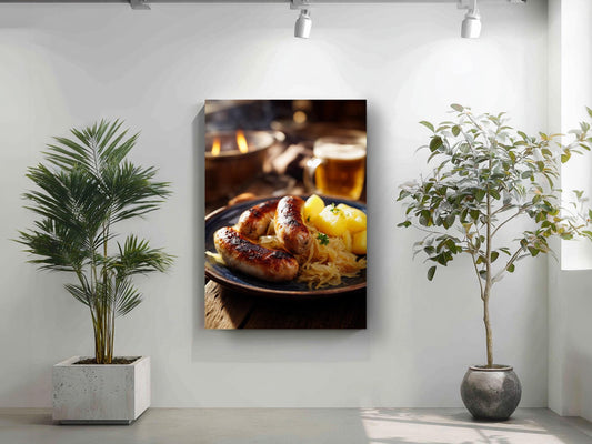 a framed photograph of a plate of sausages and sauerkraut, with a glass of beer nearby, set against a white wall with a potted plant on the left and a plant on the right.