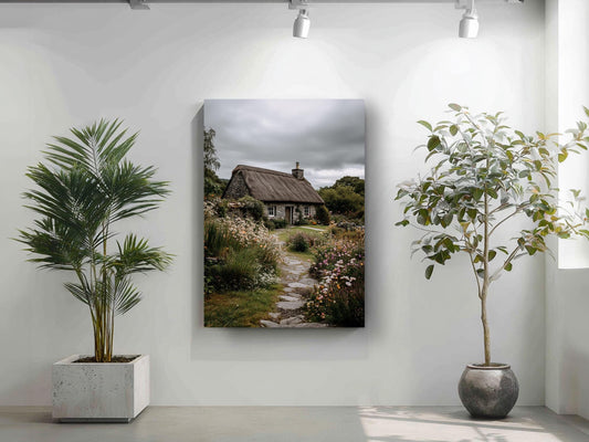 a cozy cottage nestled in a lush garden, with a stone path leading up to it. The cottage is surrounded by an abundance of greenery, including various plants and flowers. The cottage is framed by a large window, allowing natural light to illuminate the scene. Two potted plants are placed on either side of the cottage, adding to the overall charm of the image. The cottage itself is framed by a white wall, creating a harmonious and serene atmosphere.