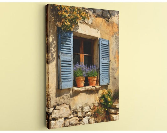 a charming window with blue shutters, adorned with potted plants and flowers, set against a stone wall.