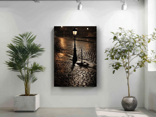 a large, dark-toned photograph of a street lamp and cobblestone pavement, with a potted plant on the left and a potted plant on the right, creating a serene and peaceful atmosphere.