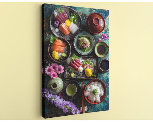 The image is a vibrant and colorful display of various Asian dishes, including sushi, rice, and other delicacies, arranged on a table with flowers and chopsticks.