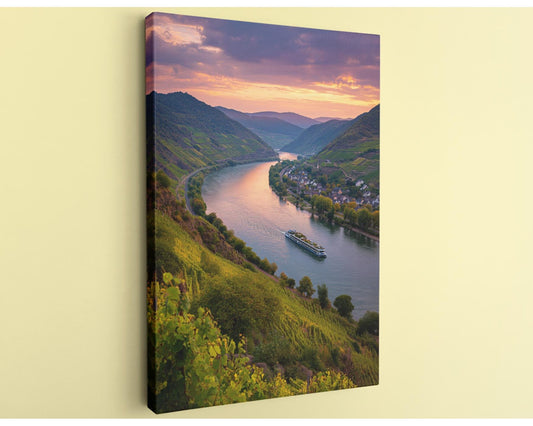 a picturesque river winding through a lush, green valley, with a small boat sailing on the water. The sky above is a beautiful gradient of orange and purple, creating a stunning backdrop for the scene. The overall composition is visually appealing and captures the essence of a serene, natural landscape.