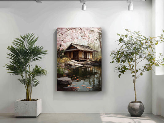 a serene Japanese garden scene with a traditional wooden cabin nestled among cherry blossom trees, surrounded by a tranquil pond with floating fish. The cabin is situated on a small island, creating a picturesque and peaceful atmosphere. The garden is further enhanced by the presence of potted plants, adding to the overall sense of harmony and balance in the scene.