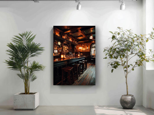 a cozy bar scene with a wooden bar, stools, and a warm lighting, creating a comfortable and inviting atmosphere.