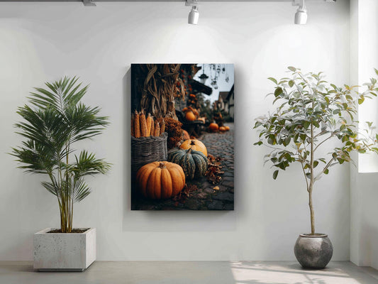 a wall with a large framed picture of pumpkins and gourds, surrounded by potted plants.