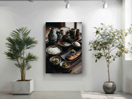 a wall with a large framed photograph of a table set with various dishes, including bowls of rice, a plate of food, and a vase. The photograph is surrounded by potted plants, creating a serene and inviting atmosphere.