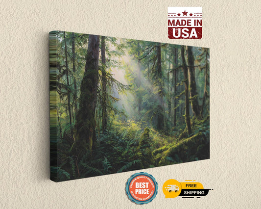 The image is a framed painting depicting a lush, green forest with sunlight filtering through the trees.