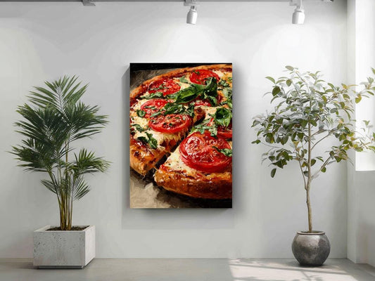 a large pizza with tomato and basil toppings, displayed on a wall in a room with a potted plant to the left and a plant to the right.