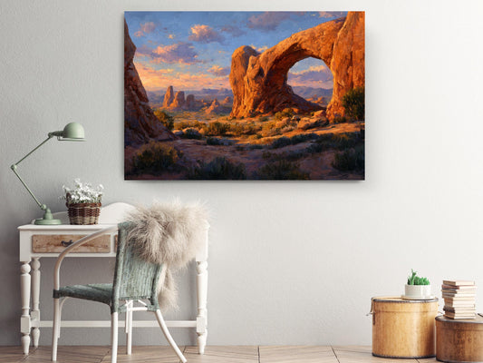 a large painting of a desert landscape with a prominent rock formation, likely a canyon, in the background. The painting is hung on a wall above a white desk with a lamp and a plant.