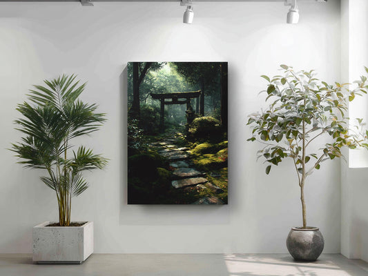 a serene indoor setting with a lush forest scene, featuring a wooden torii gate and a stone path leading through the greenery. Two potted plants are placed on either side of the wall, adding to the tranquil atmosphere.