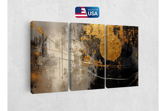 a set of three abstract paintings on a wall