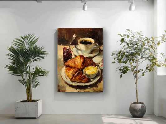a painting of a breakfast scene with a croissant, butter, and jam on a plate, displayed on a wall in a room with two potted plants.