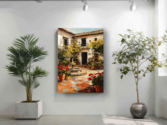 a large painting of a courtyard with a fountain, surrounded by potted plants and flowers, hanging on a white wall.