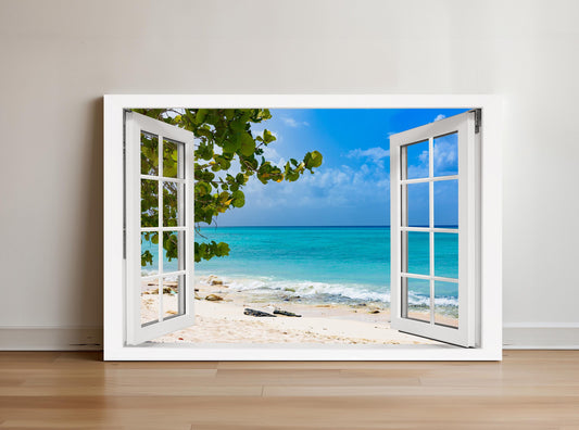 an open window with a view of a beach