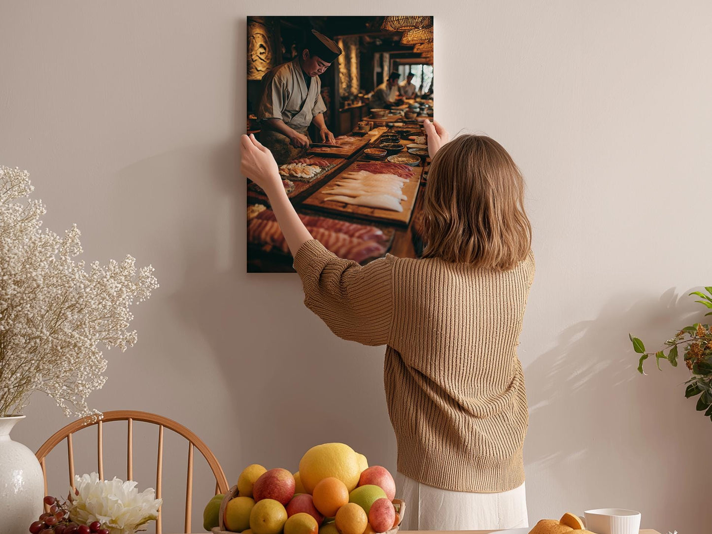 A woman hangs a framed photograph of a chef in a kitchen on a wall.