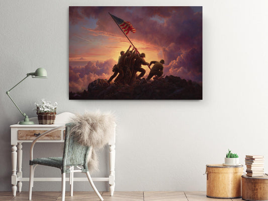 a large American flag being hoisted on a mountain, with soldiers marching in front of it. The scene is set against a dramatic sky with clouds and a sunset.