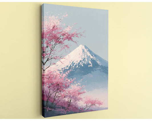 A painting of a mountain with a snow-capped peak, surrounded by pink cherry blossoms in full bloom against a clear blue sky.