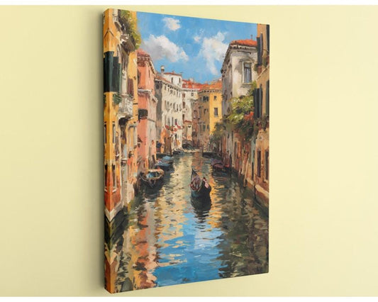 a picturesque canal scene in Venice, Italy, with colorful buildings lining the waterway and a gondola floating on the calm, reflective surface.