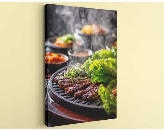 A close-up view of a grill with cooked meat and fresh vegetables, including lettuce and carrots, being cooked on a grill.