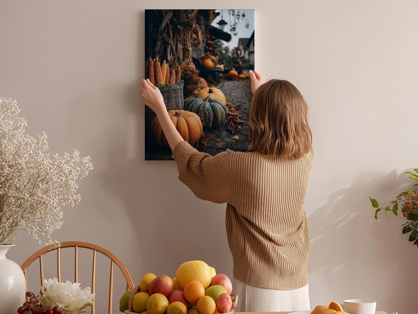 A woman hangs a framed photograph of a market scene on a wall, surrounded by various fruits and flowers in a cozy, homely setting.