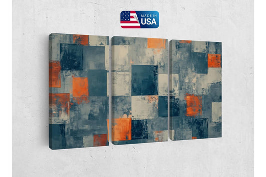 an abstract painting on a wall with an american flag in the background