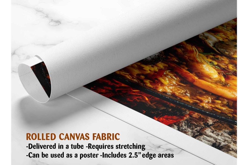 The image is a rolled canvas fabric, which is a type of canvas material used for creating posters or wall art. It is described as a tube-delivered fabric, which means it is delivered in a tube and requires stretching before use. The fabric can be used as a poster and includes a 2.5" edge area.