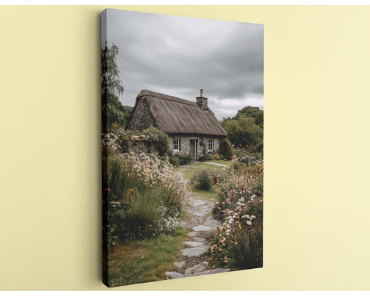 a quaint stone cottage nestled amidst a lush garden, with a stone path leading up to the cottage and a variety of colorful flowers surrounding the area.